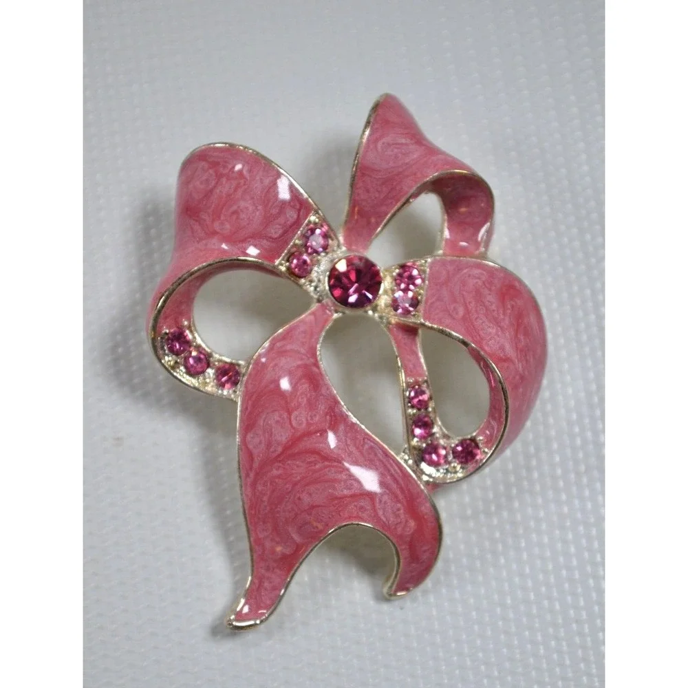 Vintage Ribbon Bow Pink Swirl Enamel Coated‎ Brooch Pink Rhinestones